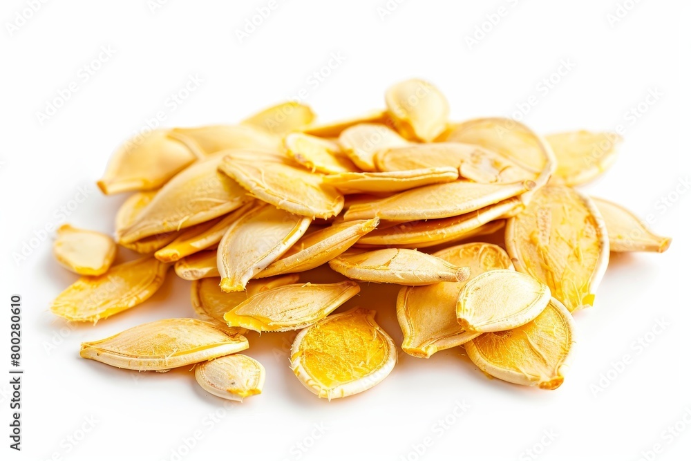 Pumpkin seeds without shell on white surface Pumpkin seeds without shell on white surface