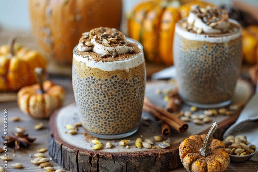 Pumpkin spice chia puddings on rustic board with fall decor Pumpkin spice chia puddings on rustic board with fall decor