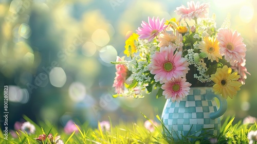 A vase of flowers is sitting in a field of grass. The flowers are mostly pink, white, and yellow. The vase is blue and white. The background is blurry and green.