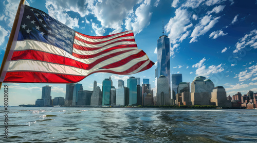 American flag on the background of New York, architecture, state, nation, symbol, USA, independence day, patriotism, freedom, building, city view, elections, America, stars, stripes, skyscrapers