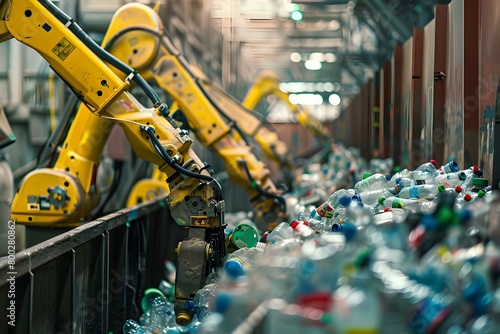 Robotic arms in recycling facility efficiently sort recyclables merging tech and sustainability. Concept Robotics, Recycling, Sustainability, Technology, Innovation photo