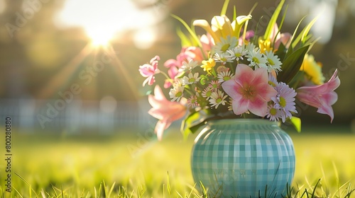 A vase of flowers is sitting in a field of grass. The flowers are mostly pink, white, and yellow. The vase is blue and white. The background is blurry and green.