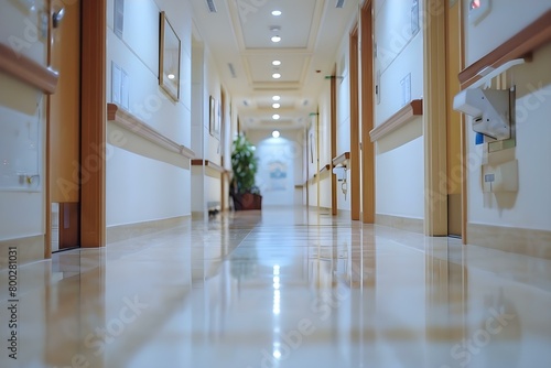 Bright and Neat Nursing Home Corridor. Concept Nursing Home Decor, Senior Living Environment, Neat and Tidy Spaces, Bright and Welcoming Halls photo
