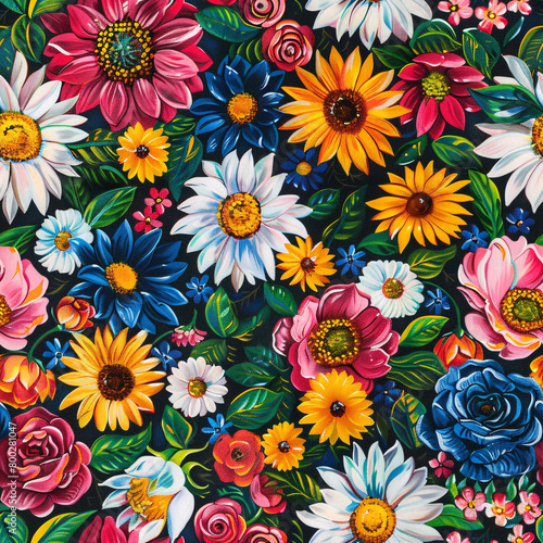 seamless pattern colorful floral with daisies, roses, sunflowers, pink flowers, white yellow blue green red colors, on dark background, acrylic painting style, brush strokes, oil paint