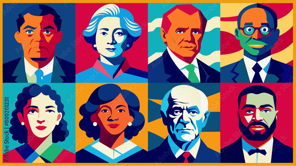 Vibrant canvases lined with portraits of influential US figures from past presidents to civil rights activists offer a powerful representation of. Vector illustration Vibrant canvases lined with portraits of influential US figures from past presidents to civil rights activists offer a powerful representation of. Vector illustration