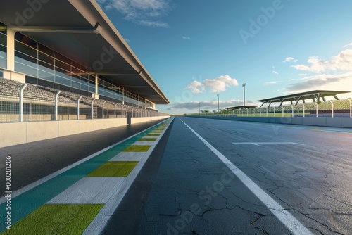 Race track with grandstand for spectators at start and finish Focus on crucial moments in sports