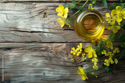 Rapeseed oil and flowers on wood seen from above photo