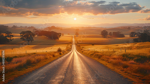 wide angle shot of an empty road infront of an australian carrot crop field. 