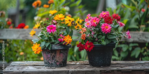 A pot of flowers on a porch with a pot of geraniums in the background. 