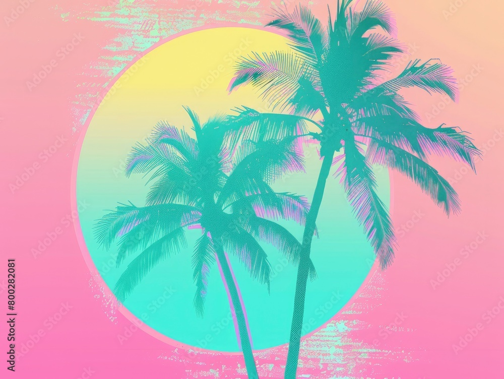 palm trees, simple art, neon pink and teal colors, yellow sun in the background,