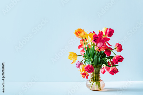 Big flowers bouquet of multicolored tulips in vintage glass vase on light blue background with copy space. Business card. Invitation postcard. Place for greeting text. International holiday. Banner
