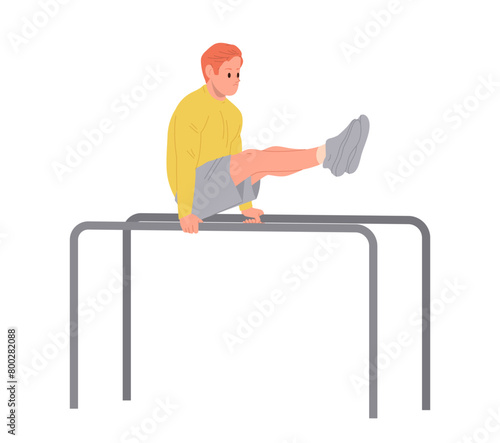 Young gymnast cartoon character doing handstand balancing on horizontal crossbars isolated on white