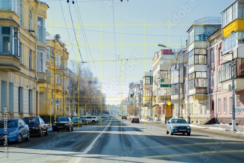  city street with buildings, cars and yellow squares for visualisation