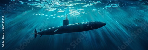 Generic military nuclear submarine floating in the middle of the ocean while shooting an undersea torpedo missile. 