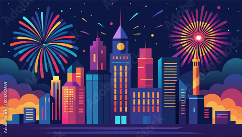 The city skyline transformed into a magical wonderland as bursts of fireworks light up the night sky celebrating the nations independence.. Vector illustration