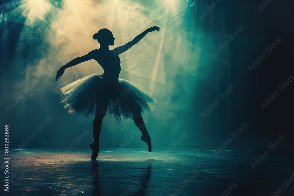 silhouette , followspot, cinematic, hazy, a ballet dance