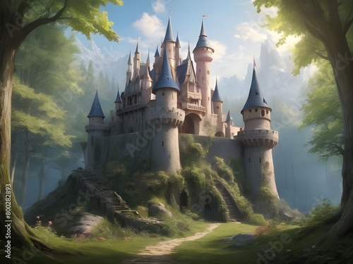 fairy tale castle in forest,