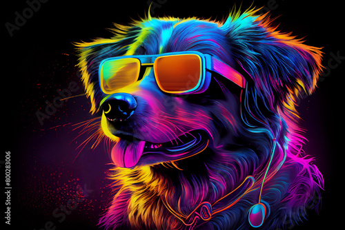 Dog wearing sunglasses. VR videogame experience in 80's synth wave and retro vaporwave futuristic aesthetics