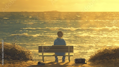 A person is sitting on a bench watching the sunset over the ocean.