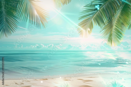 beach background with light blue sea  palm leaves hanging in the upper left corner and sunlight shining on it.