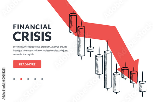 Falling financial chart on red arrow background. Hand drawn vector sketch illustration. Investment losses concept