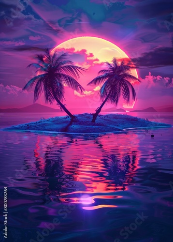 Tropical sunset in neon pink and purple in the style of synthwave on an island with two palm trees in the middle