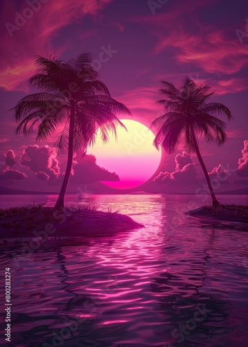 Tropical sunset in neon pink and purple in the style of synthwave on an island with two palm trees in the middle © Image