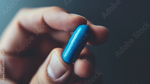 Close-up of a hand holding a blue capsule photo
