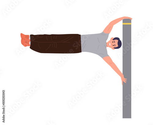 Young athletic sportsman cartoon character doing human flag calisthenics exercise hanging on bar