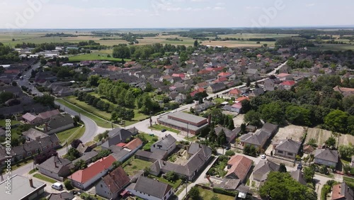 Aerial parallax over neighborhood in small village of Batya, Hungary. photo