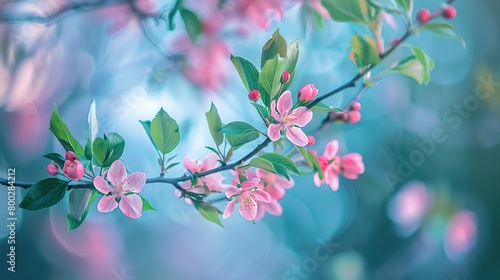 A branch of a tree with pink blossoms against a soft blue background  