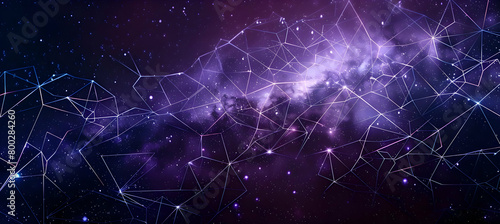 A realistic image capturing a complex geometric pattern of hexagons and triangles, intertwined to mimic the cosmic allure of stars against the night, all rendered in shades of deep purple