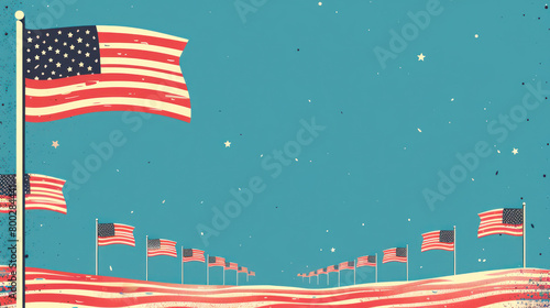 A group of American flags waving in the sky on a clear day
