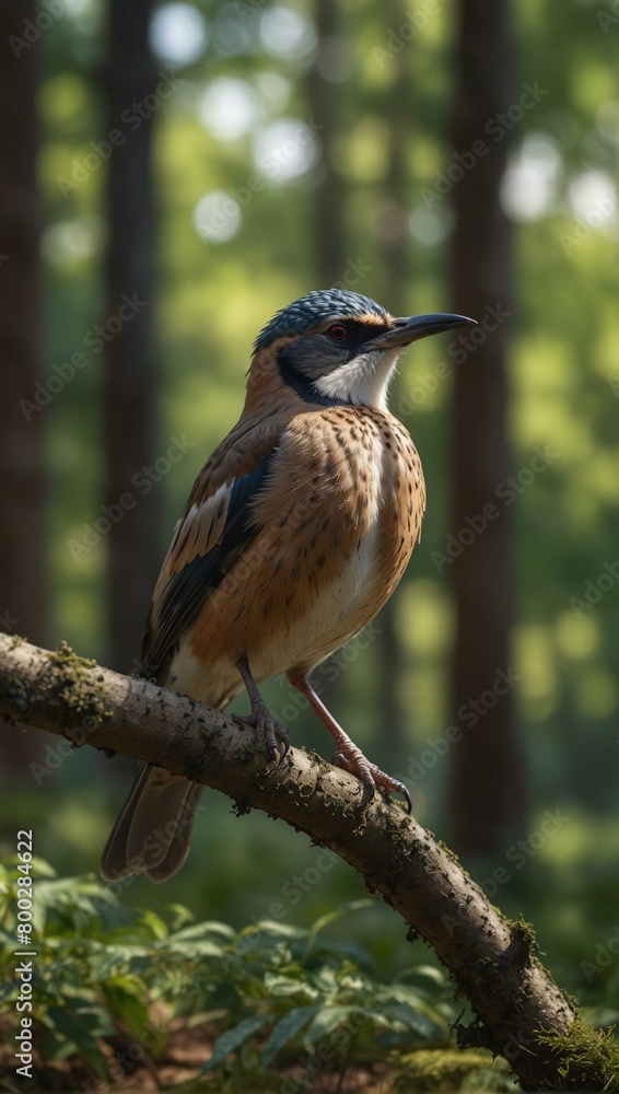 Fototapeta premium A serene photograph of a woodland bird, with intricate plumage, perched delicately on a tree branch amidst a softly blurred forest background