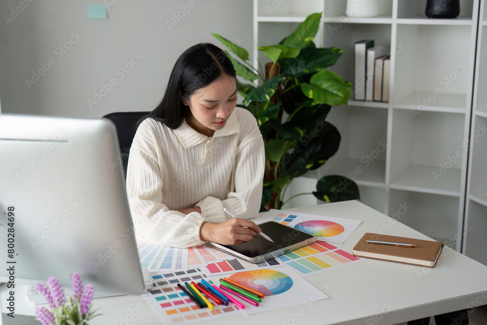 Asian woman graphic designer working in home office. Artist creative designer illustrator graphic skill concept Asian woman graphic designer working in home office. Artist creative designer illustrator graphic skill concept