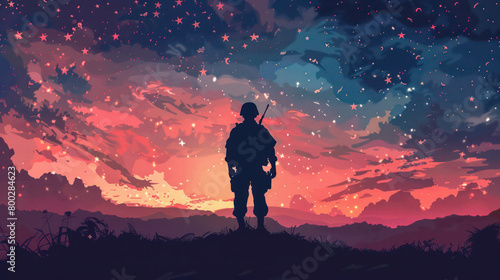 Soldier standing on hill under star-filled sky