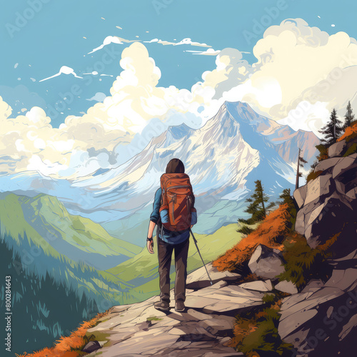 backpack on a background of mountains, illustration, drawing, hike, tourism, tourist, camping, wildlife, postcard, forest, hiking, trees, equipment, bag, extreme, hiker, person, man