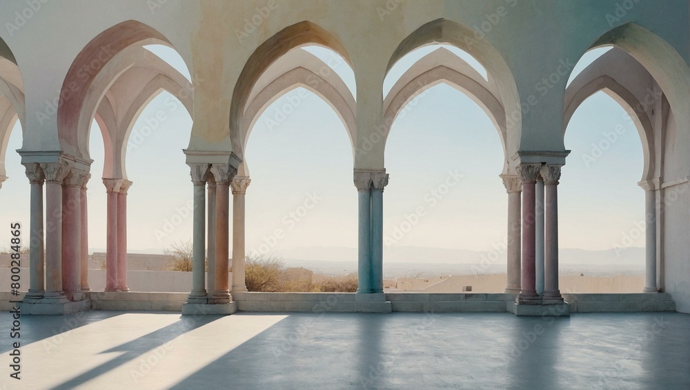 A photograph showcasing a row of elegant arches within a minimalist building interior, with a desert landscape visible in the background