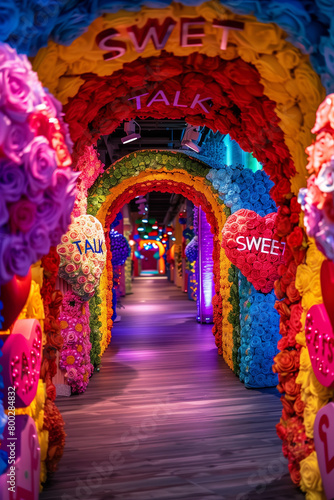 Tunel adorned and decorated with flowers with the sign "sweet talk".Minimal creative nature and emotional concept. © sunaiart