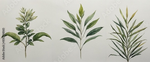Trio of watercolor illustrations showcasing variations of green plants  each with unique leaf patterns and arrangements