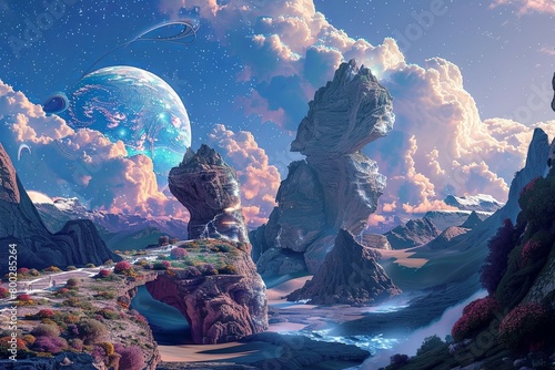Fantastical Alien Landscape with Towering Peaks and Celestial Wonders