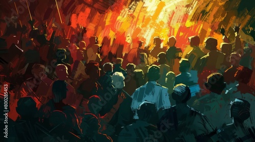 Illustration capturing the intense atmosphere of a rousing campaign rally showdown