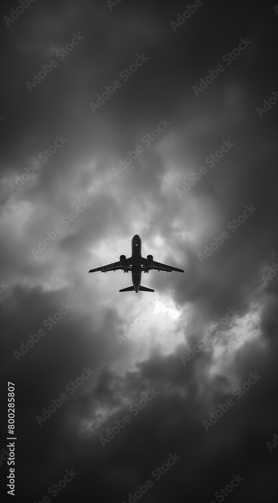 Black and white minimalism photograph airplane in the sky from an ant's perspective.Minimal creative transport concept.