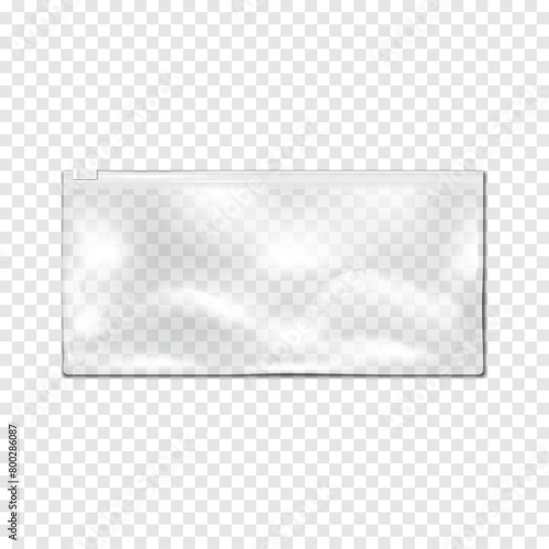 Clear glossy plastic envelope, poly bag with white zip lock. Realistic vector mock-up. Transparent resealable zipper PVC vinyl pouch package. Mockup