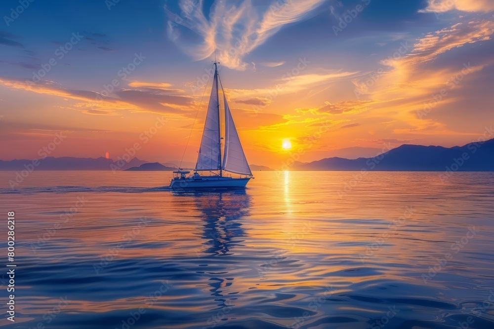 Sailboat on calm evening with sunset