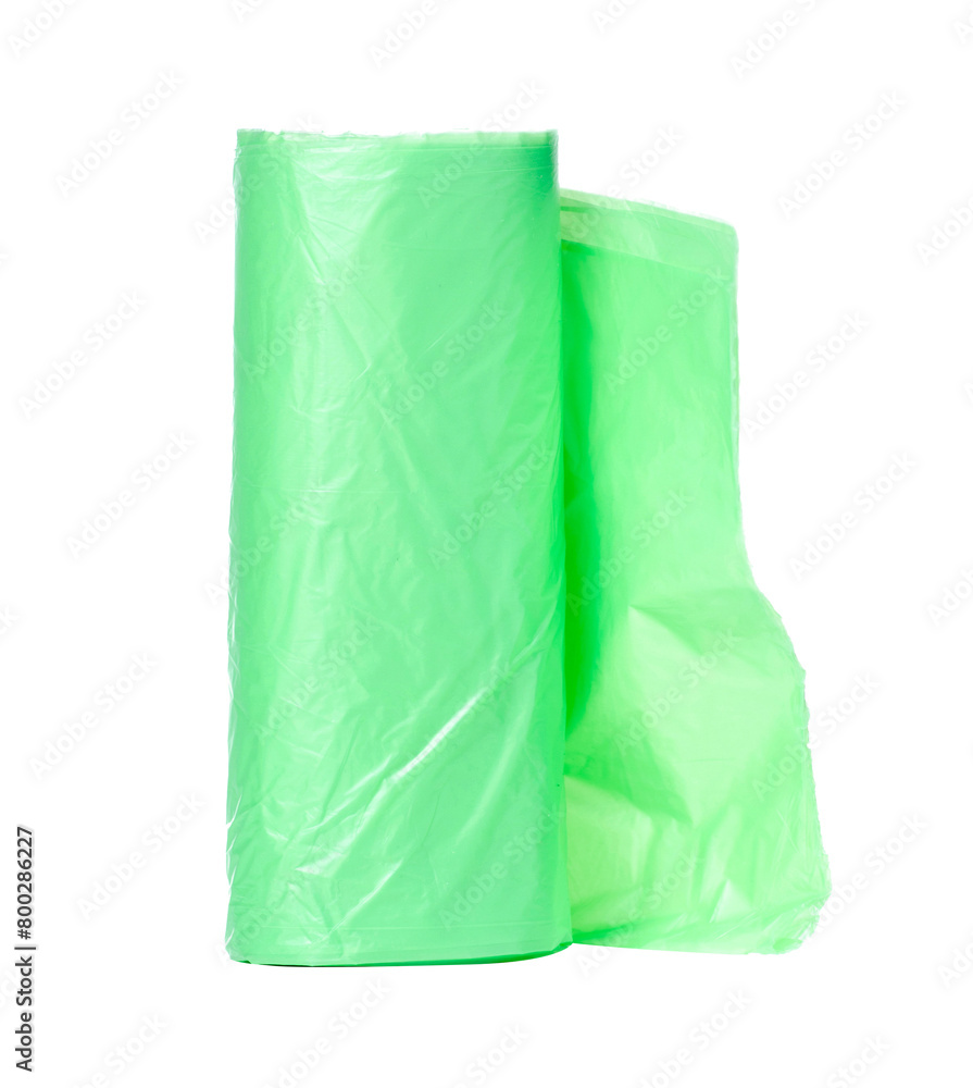 Green garbage bags on white background isolation
