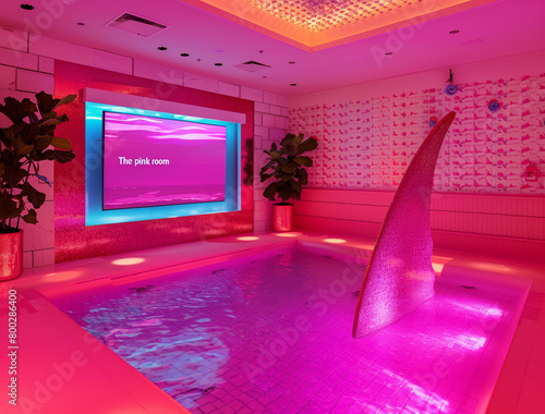 Pink shark in a pink room with text "The pink room".Minimal creative interior and nature concept.