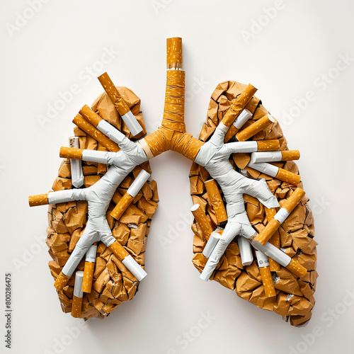 Model of cigarettes in the form of human lungs. Addiction to smoking, the harm of tobacco smoke. A bad habit, smoking kills.
