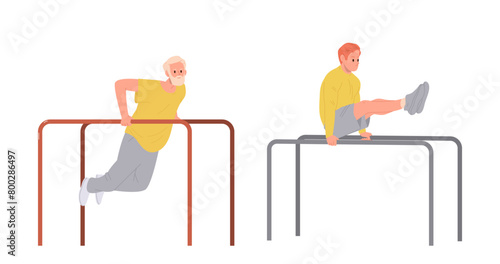 Senior man and young guy characters doing acrobatic exercise of calisthenics on parallel crossbars