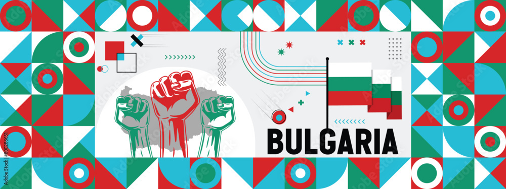 Flag and map of Bulgaria with raised fists. National day or Independence day design for Counrty celebration. Modern retro design with abstract icons. Vector illustration.